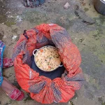 Geöffneter Klima-Kocher mit Topf im inneren. Darin ein Reisgemüseeintopf